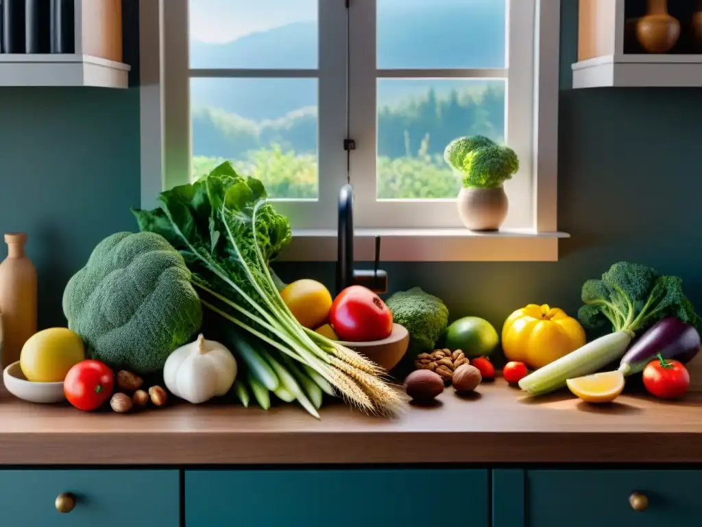 Una encantadora cocina llena de ingredientes sin gluten: coloridas verduras, frutas maduras, frutos secos, semillas y granos