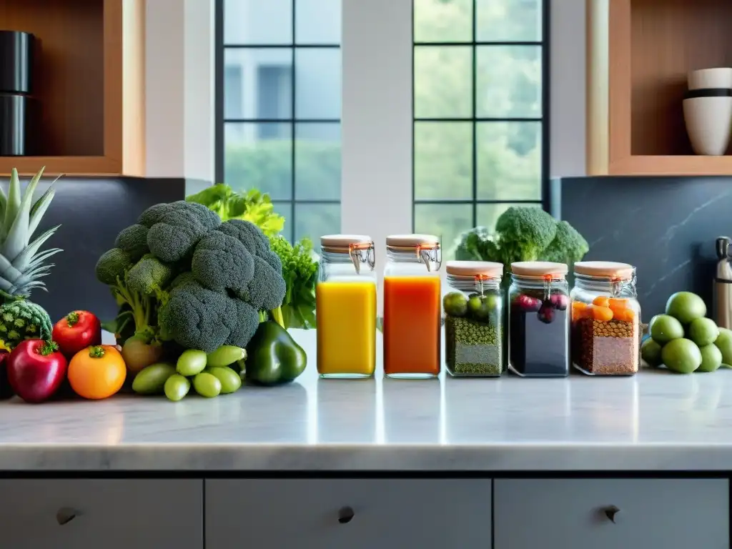 Encantadora organización cocina sin gluten segura con frutas y verduras coloridas en contenedores, cuchillos de acero inoxidable y luz natural