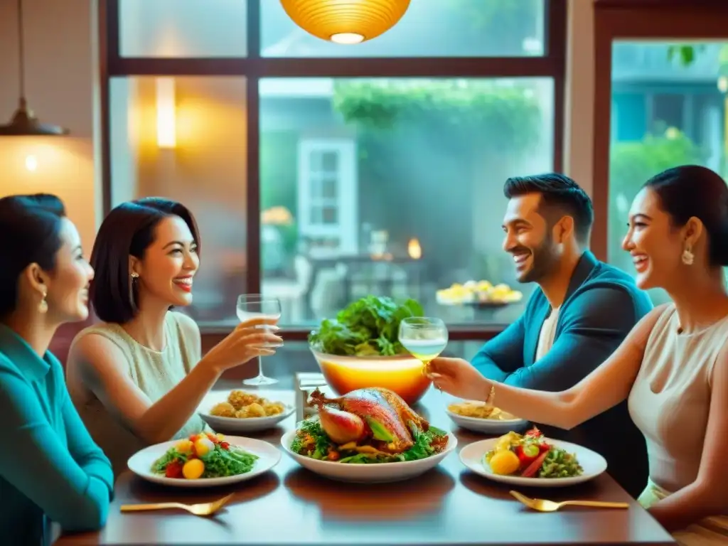 Encantadora mesa con platos sin gluten, familia sonriente y cálida luz