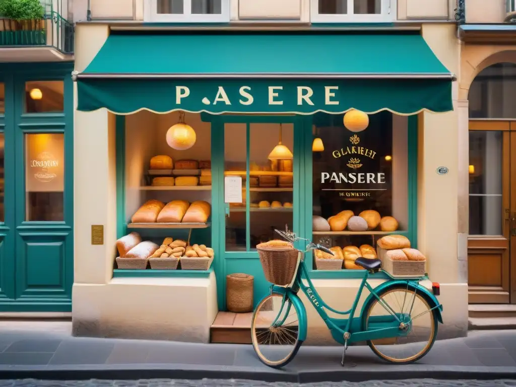 Una encantadora panadería francesa con letrero 'Pâtisserie Sans Gluten' en una calle empedrada de París, llena de delicias sin gluten en su escaparate