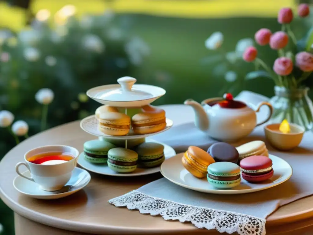 Una encantadora tarde de té sin gluten en un jardín soleado con macarons, scones y tazas de té delicadas