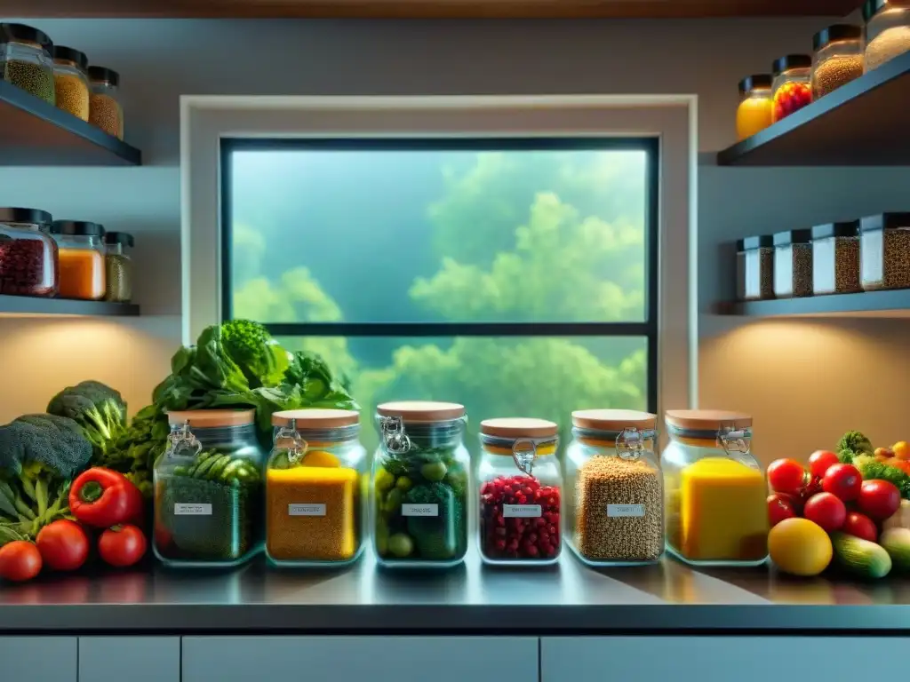 Una encantadora vista de una cocina organizada con ingredientes sin gluten frescos y coloridos en recipientes etiquetados