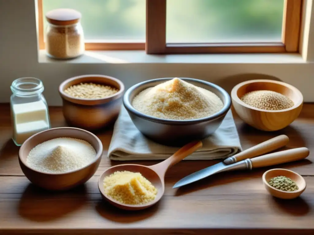 Una encantadora vista de una encimera de cocina rústica llena de ingredientes y utensilios para hornear sin gluten