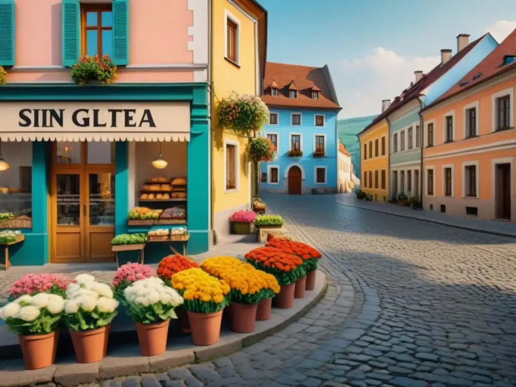 Encanto de una calle adoquinada en Europa del Este con joyas ocultas sin gluten y coloridas fachadas, bañadas por cálida luz solar