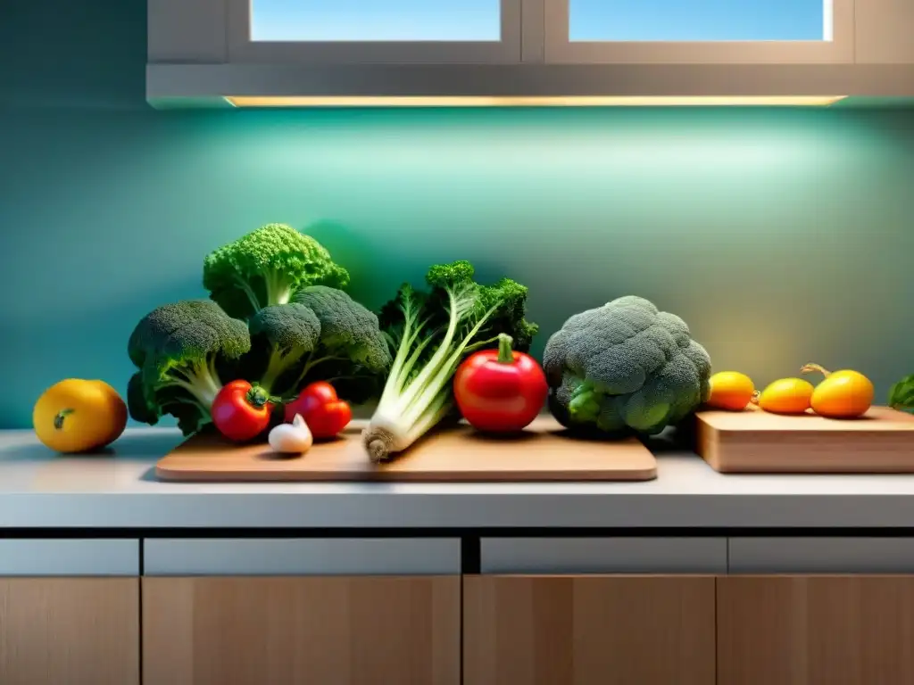 Una encimera de cocina meticulosamente organizada con frutas, verduras y tablas de cortar, separadas por ingredientes sin gluten