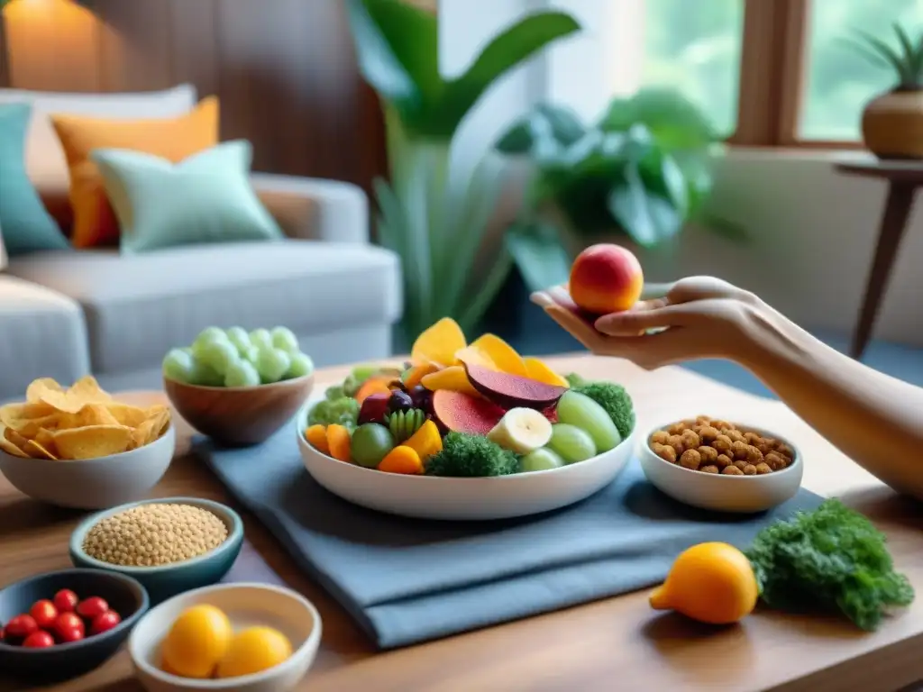 Un encuentro alegre con amigos disfrutando de deliciosos snacks veganos sin gluten en un acogedor salón