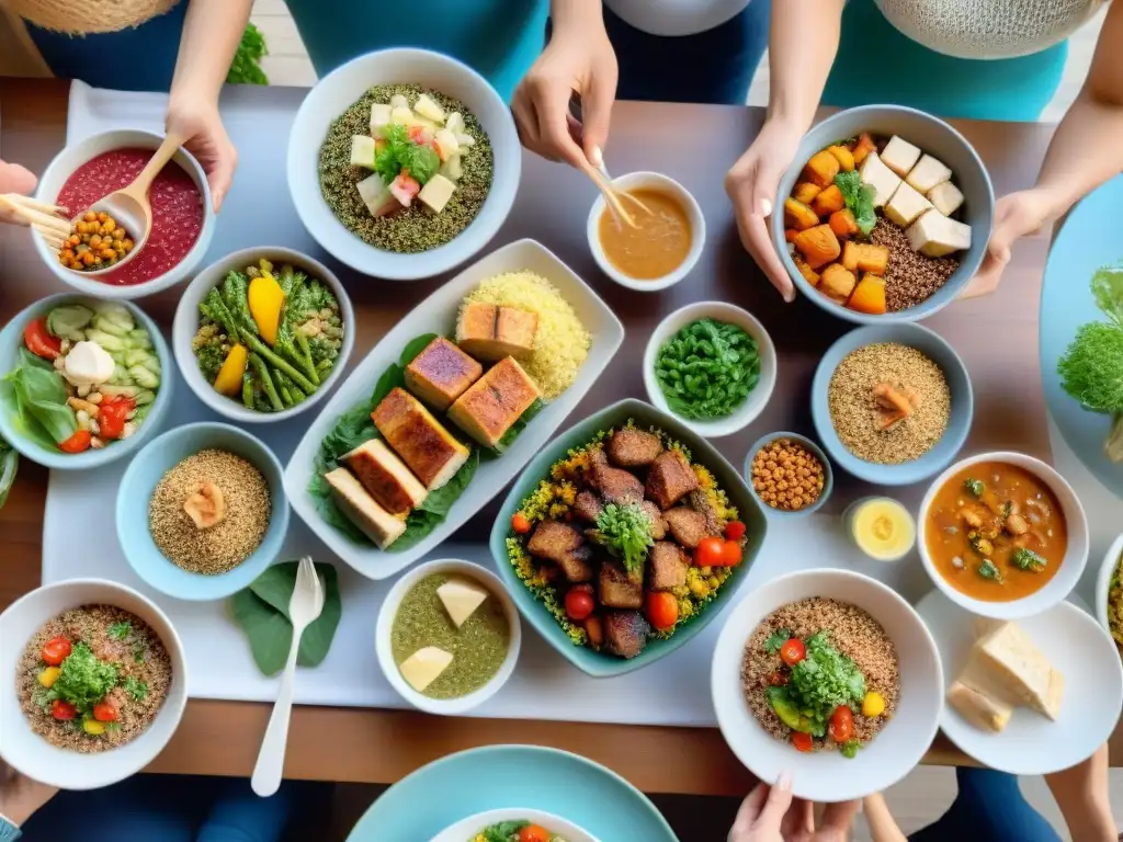 Un encuentro lleno de alegría y diversidad alrededor de una mesa con deliciosas proteínas sin gluten seguras