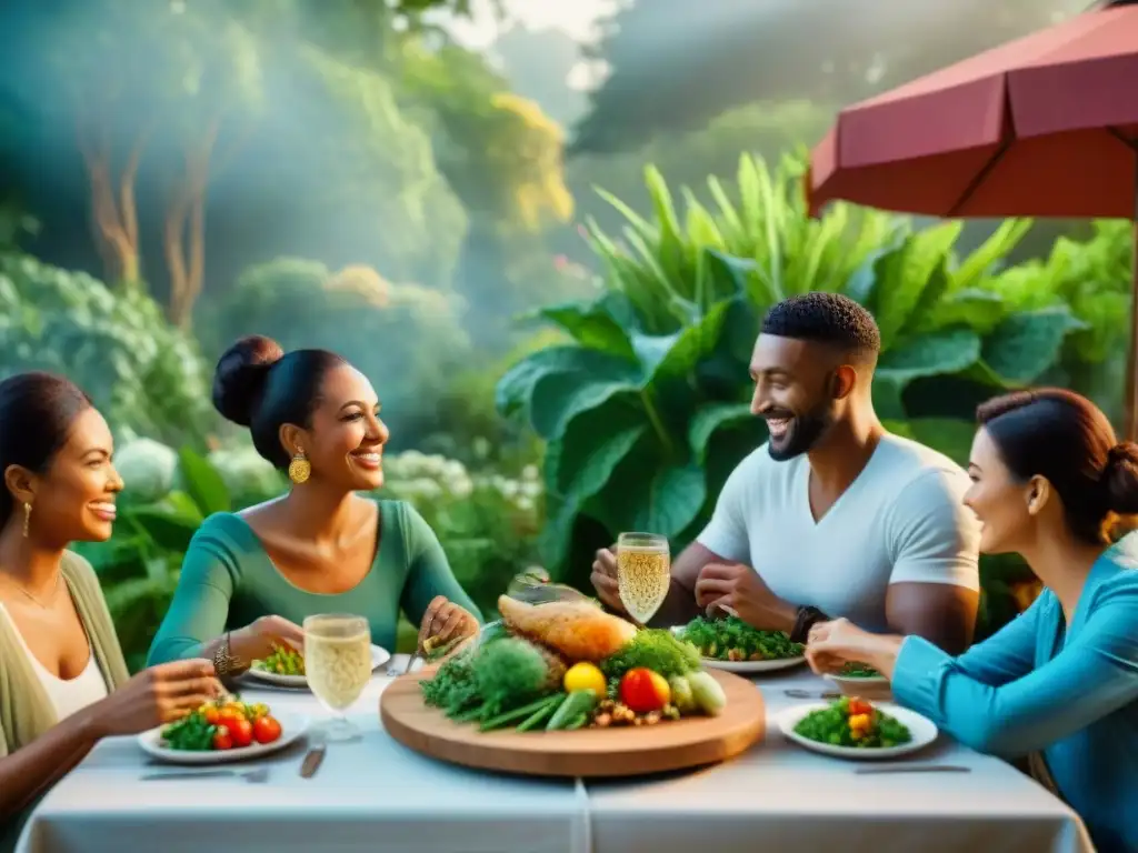 Un encuentro multicultural en un restaurante al aire libre, disfrutando de una comida sin gluten