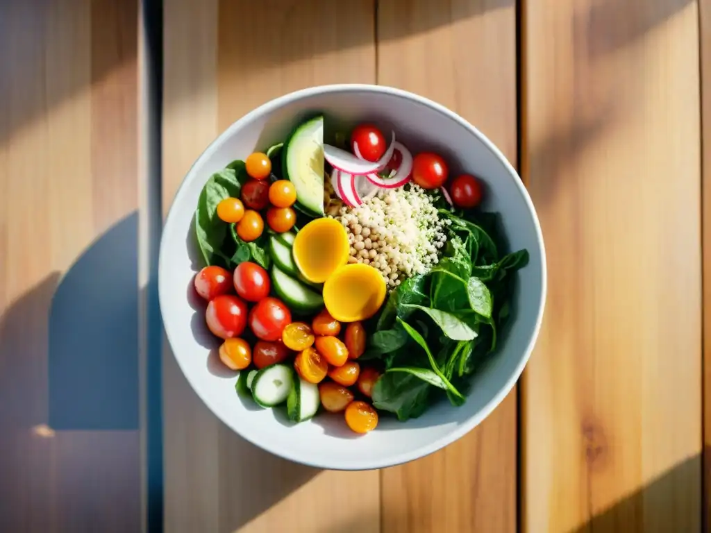 Una ensalada asiática sin gluten vegana repleta de ingredientes coloridos en un bol blanco sobre una mesa rústica con luz del sol