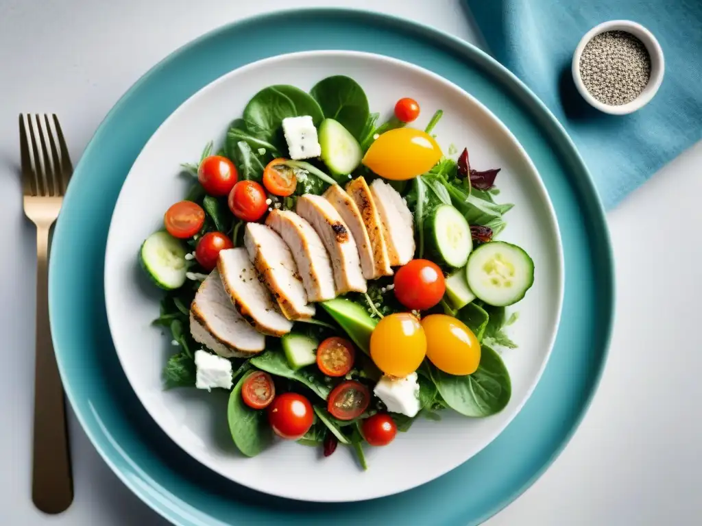 Una ensalada colorida y fresca en plato blanco: Dieta FODMAP baja en gluten