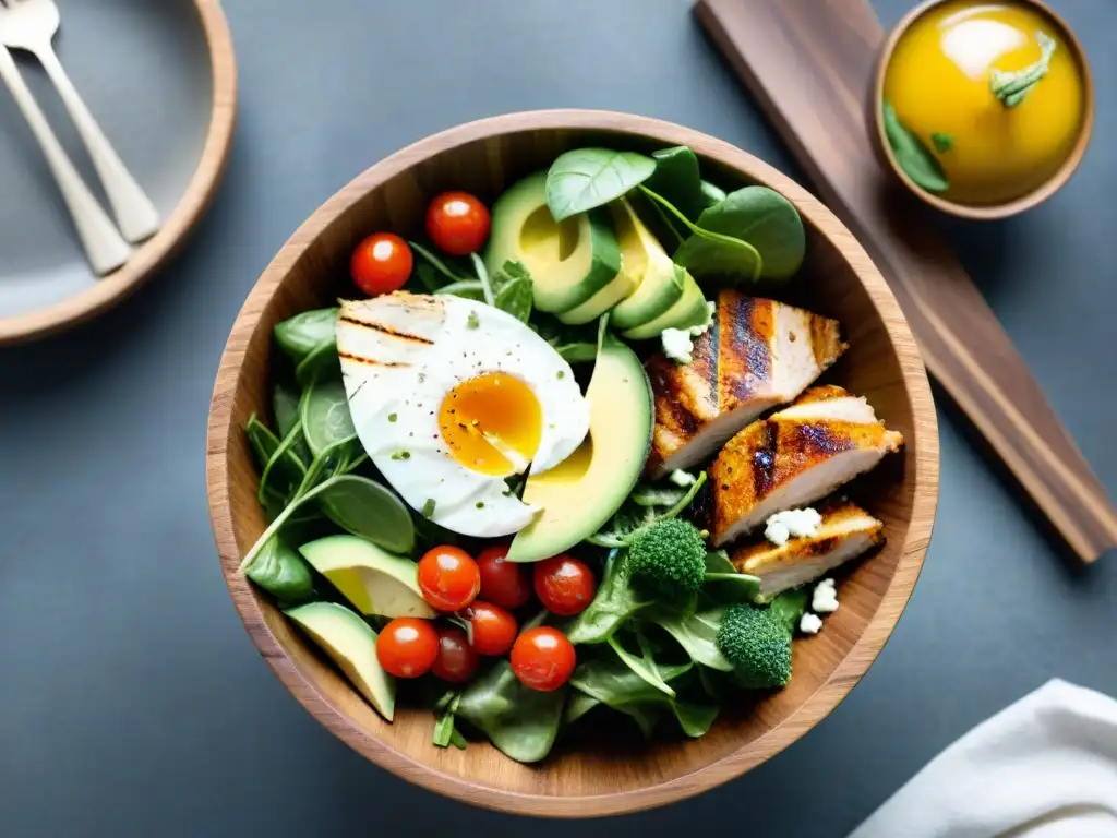 Una ensalada colorida y fresca en un tazón de madera, con ingredientes variados y deliciosos