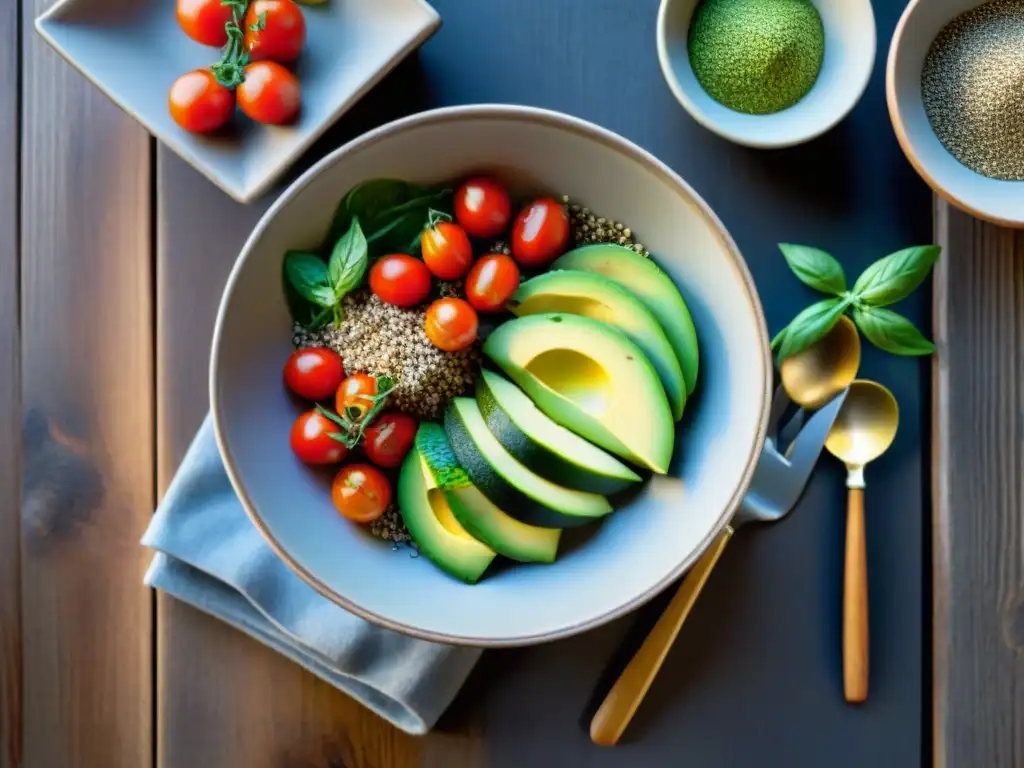 Una ensalada colorida con harina de chía sin gluten, ingredientes frescos y vibrantes en un tazón sobre mesa de madera