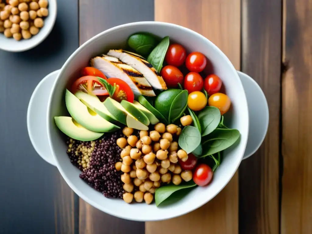 Ensalada de proteínas variadas: frescura y sabor vibrante Ensalada colorida de proteínas sin gluten en dieta: pollo, quinoa, aguacate, tomates cherry, y más, con aderezo balsámico