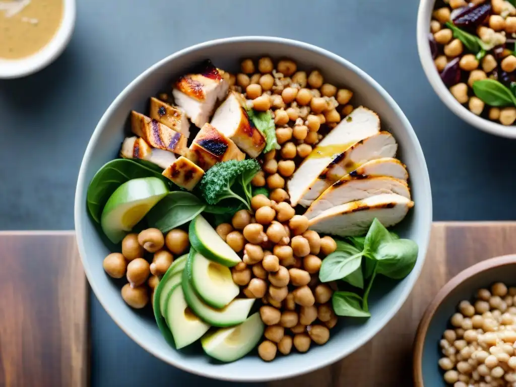 Una ensalada colorida y vibrante con proteínas sin gluten beneficios salud, en un ambiente natural y apetitoso