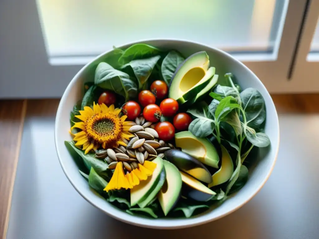 Una ensalada colorida y vibrante con semillas de girasol, perfecta para recetas con semillas de girasol