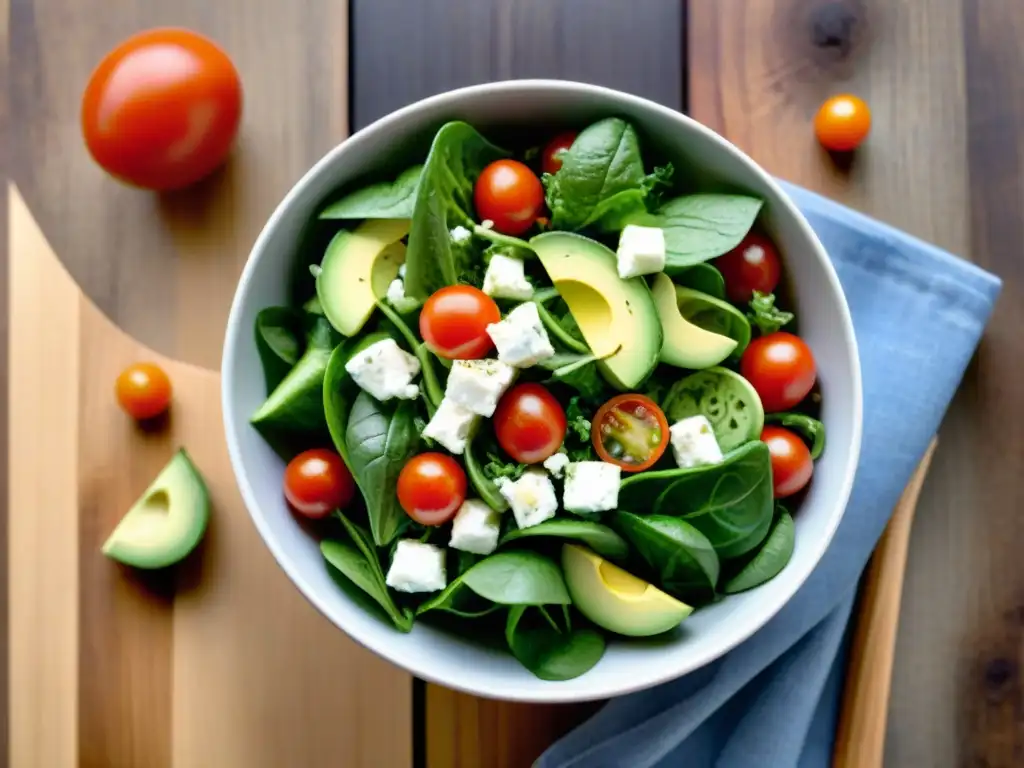 Una ensalada sin gluten fácil, colorida y apetitosa con ingredientes frescos en un tazón moderno sobre una mesa de madera rústica