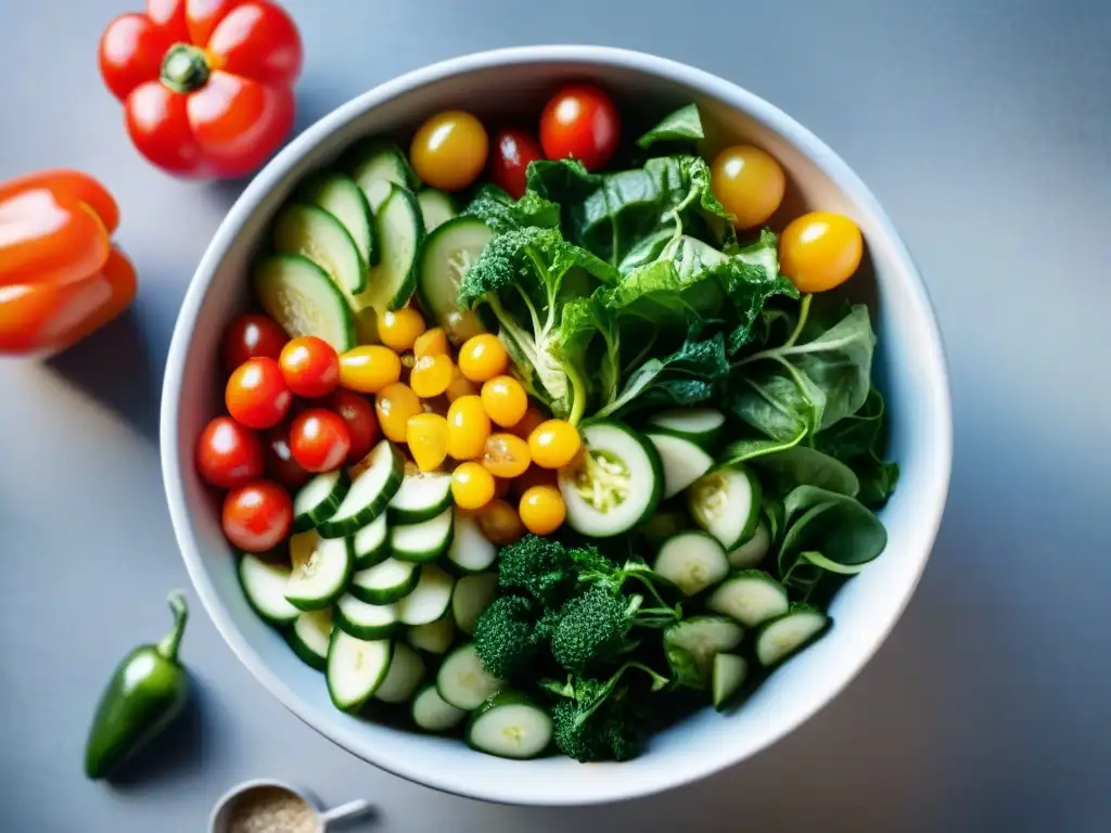 Una ensalada fresca y colorida con los mejores aderezos sin gluten 2021, resaltando texturas y sabores bajo la luz del sol