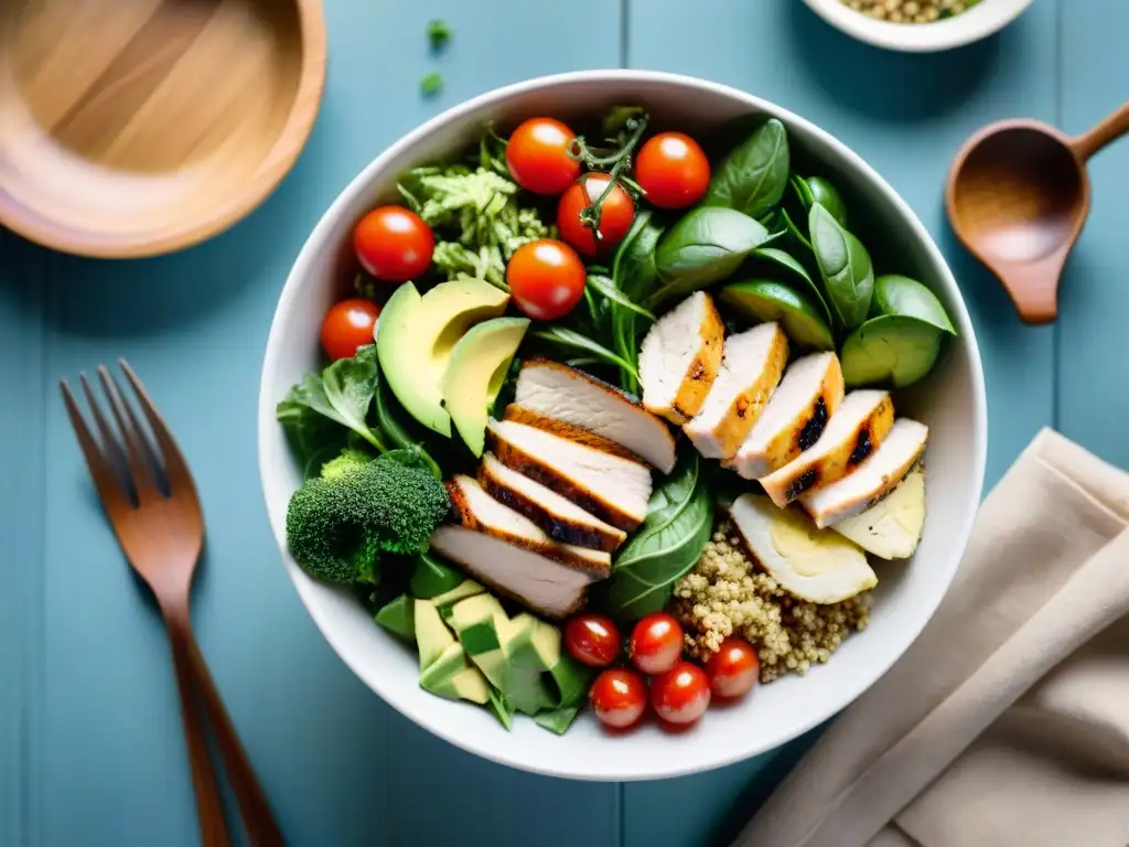 Una ensalada sin gluten deliciosa, llena de colores y frescura en un tazón de cristal sobre una mesa de madera