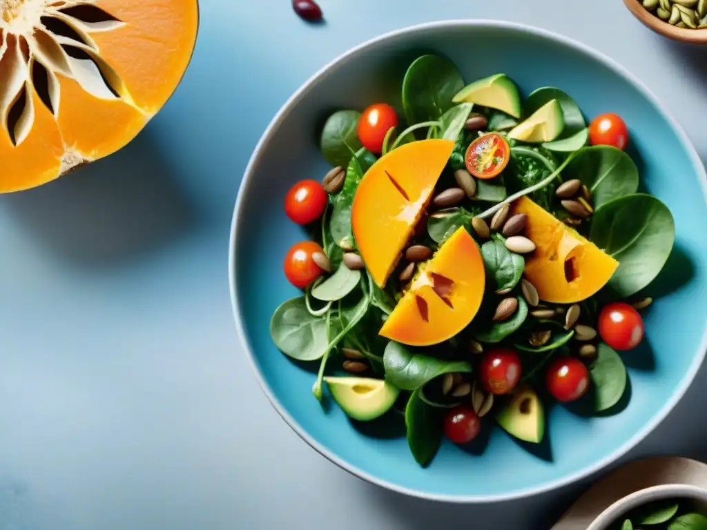 Ensalada sin gluten con semillas de calabaza: una explosión de colores y sabores frescos en un bol de cristal