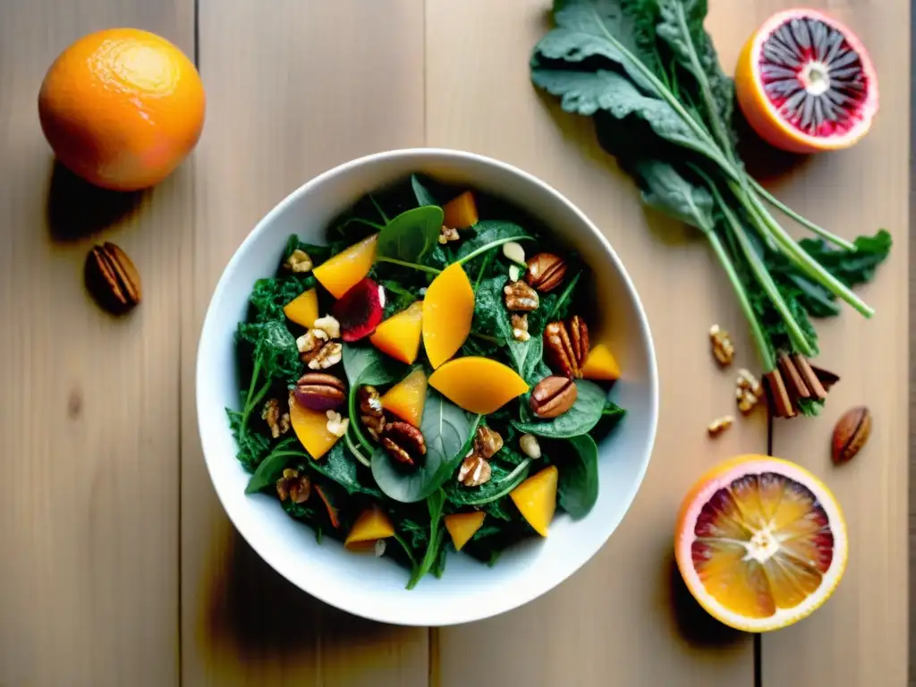 Una ensalada invernal sin gluten deliciosa, con kale, naranjas sanguinas, granada, nueces, aderezo cítrico, en un bol blanco sobre madera