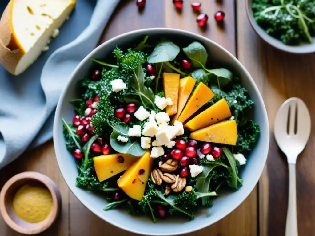 Una ensalada invernal sin gluten deliciosa con kale, calabaza, granada, nueces y queso feta en un tazón vibrante sobre una mesa de madera rústica