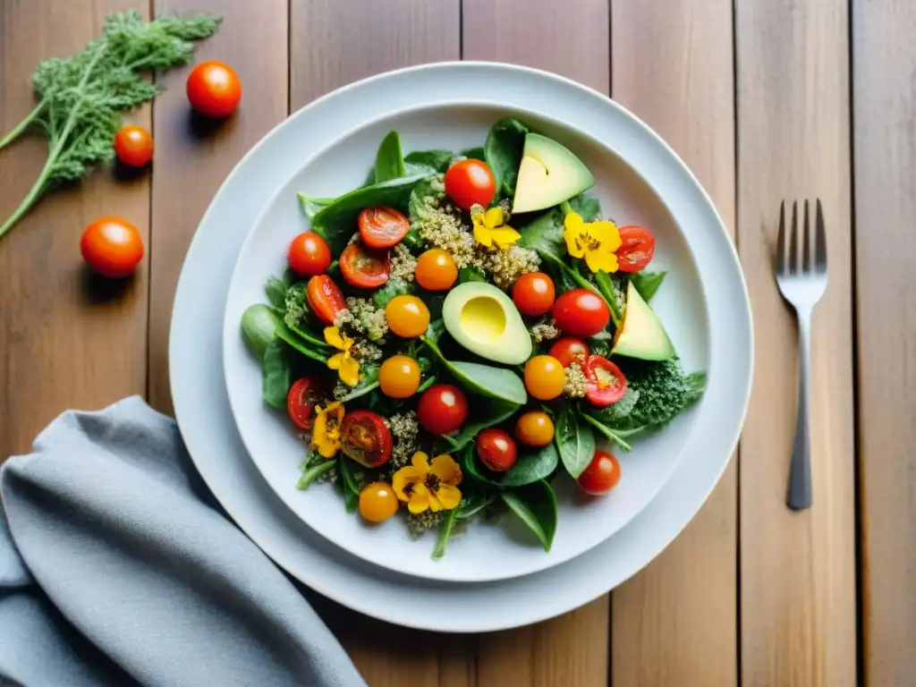 Una ensalada primaveral sin gluten con flores comestibles, tomates cherry y aguacate en un plato blanco sobre mesa de madera rústica