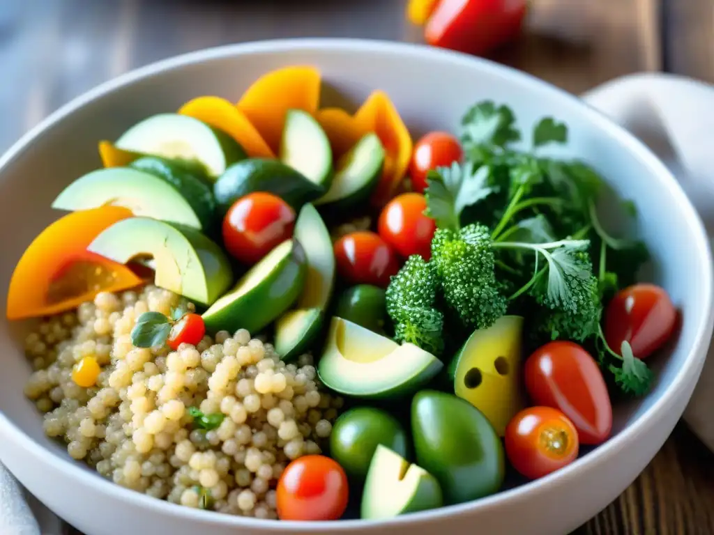 Una ensalada de quinua sin gluten vibrante y fresca con pimientos, tomates y aguacate, en un tazón de vidrio sobre mesa de madera rústica