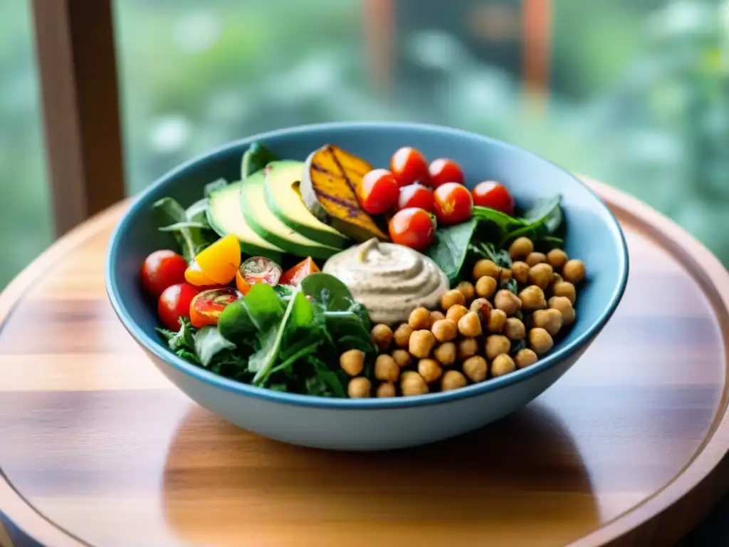 Una ensalada vegana sin gluten con ingredientes frescos y coloridos, presentada elegantemente en una mesa de madera con luz natural