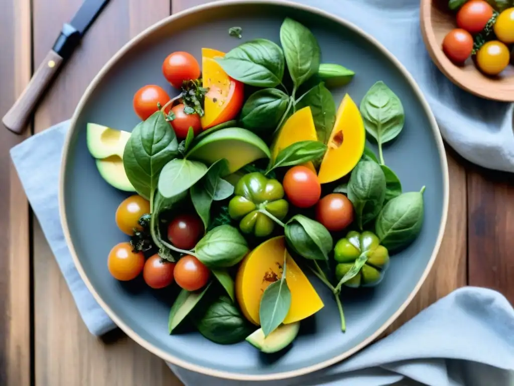 Ensalada de verano vibrante con tomates, pepino, aguacate y albahaca, aliñada con vinagreta balsámica bajo el sol