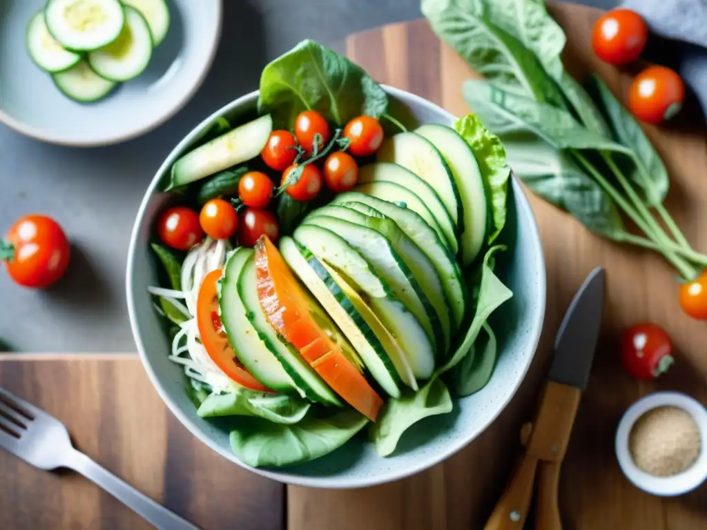 Una ensalada vibrante con aderezo casero sin gluten, resplandeciente y fresca en una cocina luminosa