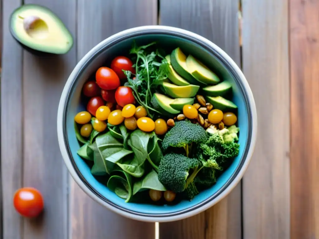 Ensalada vibrante con aderezo casero sin gluten en mesa rústica