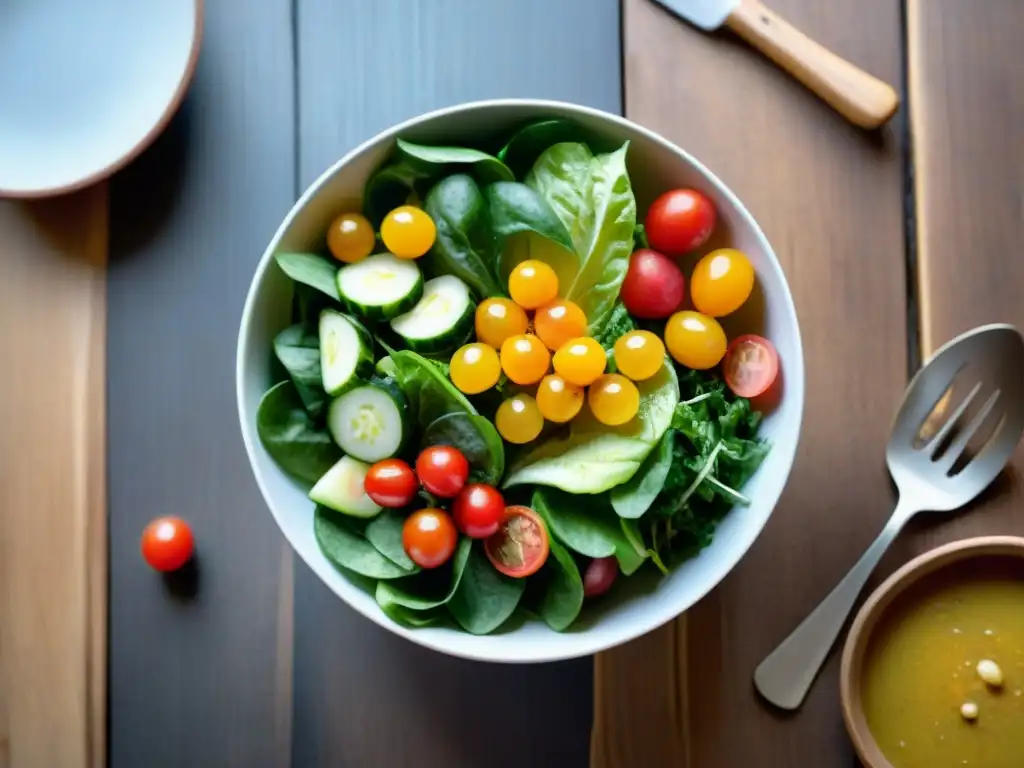 Una ensalada vibrante con aderezos sin gluten, ingredientes frescos y coloridos en un tazón rústico