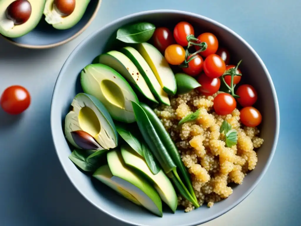 Una ensalada vibrante con quinoa, tomate cherry, aguacate, pepino y pimientos