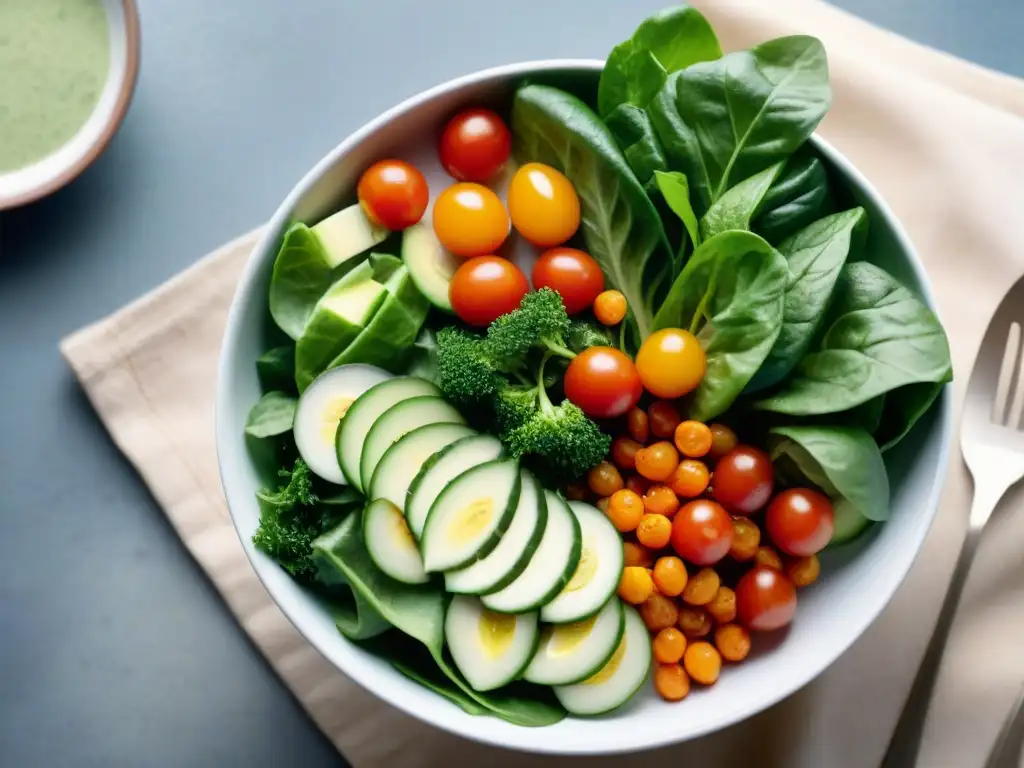 Una ensalada vibrante y colorida con aderezo casero sin gluten, resaltando frescura y sabor