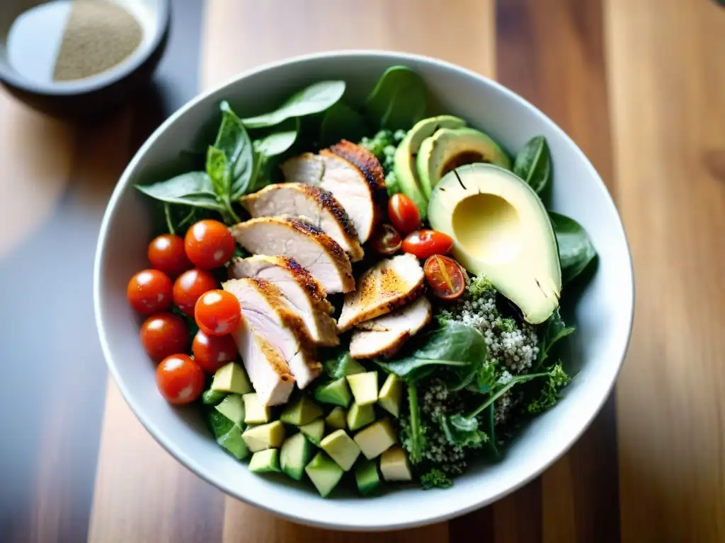 Una ensalada vibrante y colorida en un bol de vidrio, con ingredientes frescos como pollo a la parrilla, aguacate y semillas de chía