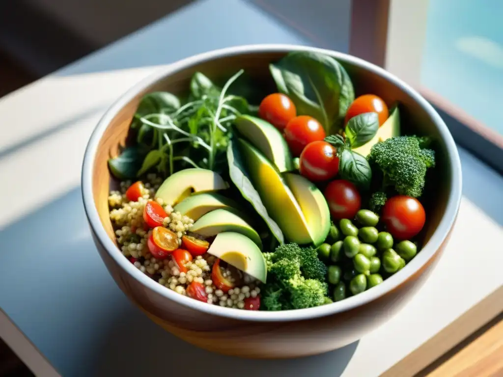 Ensalada vibrante y colorida con ingredientes sin gluten en mesa moderna de madera