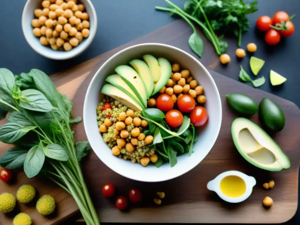 Una ensalada de quinoa vibrante y colorida con ingredientes frescos como tomates cherry, aguacate, garbanzos asados y pepinos, aliñada con vinagreta de limón