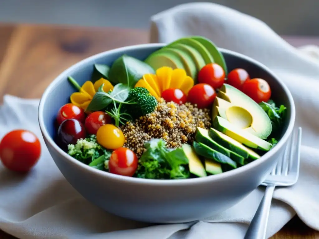 Una ensalada vibrante y colorida con ingredientes frescos como aguacate, tomates cherry, quinoa y harina de chía sin gluten, todo en detalle