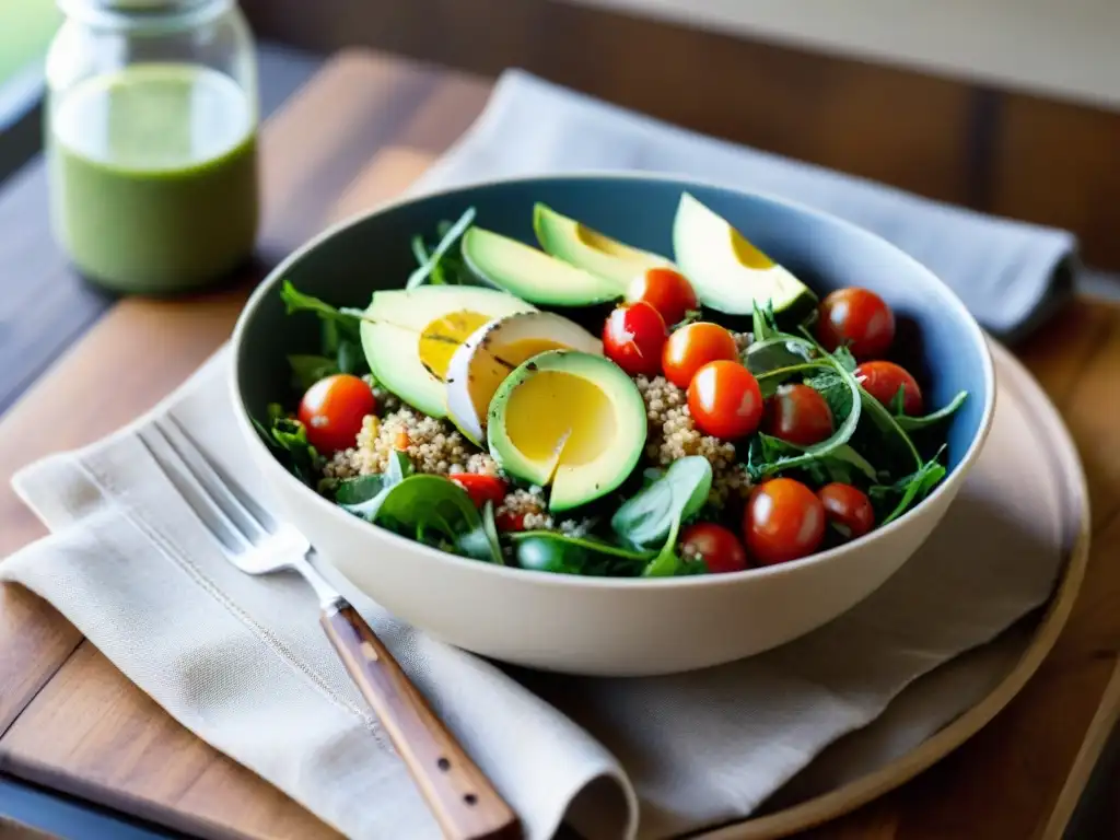 Una ensalada vibrante y colorida en una mesa rústica, con ingredientes frescos sin gluten