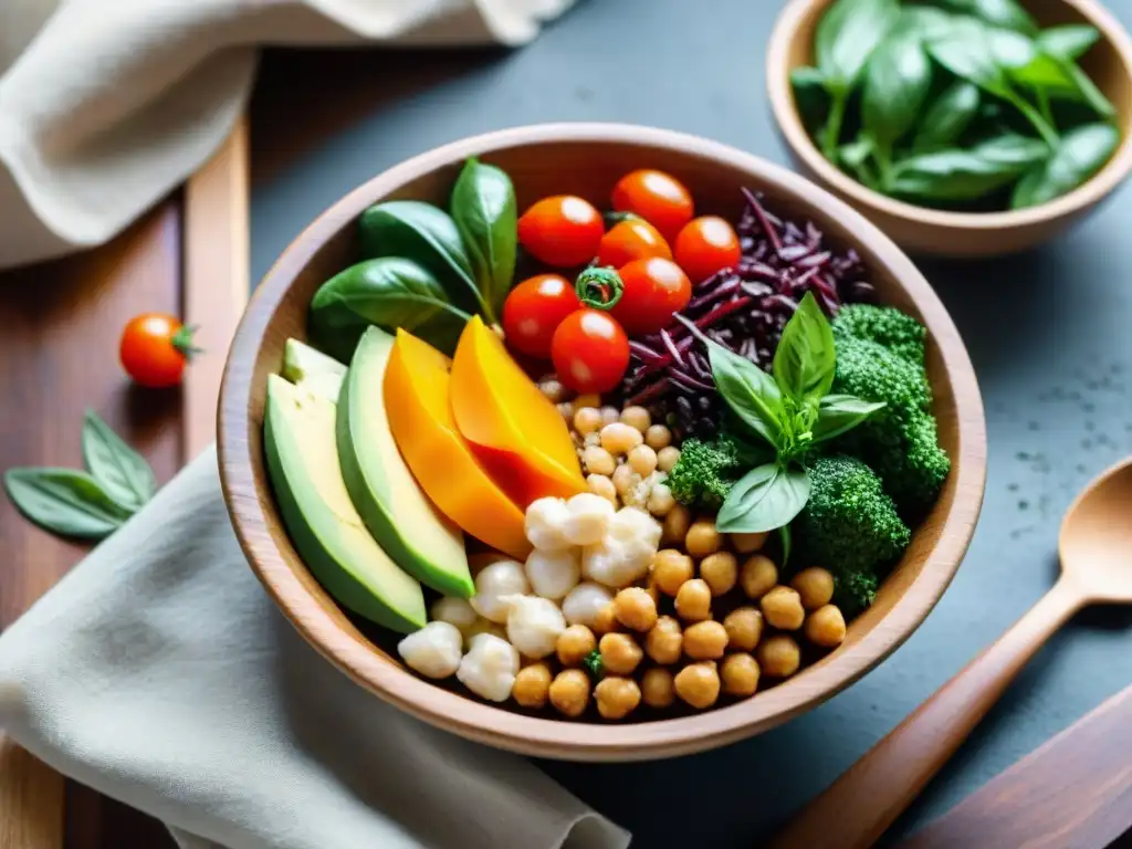 Una ensalada vibrante y colorida con proteínas sin gluten beneficios salud, sobre mesa de madera rústica