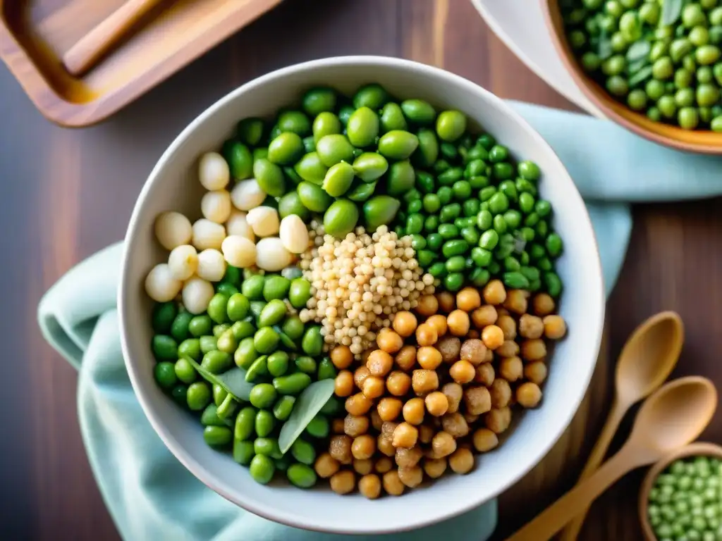 Una ensalada vibrante y colorida con proteínas vegetales sin gluten, destacando frescura y autenticidad en la cocina