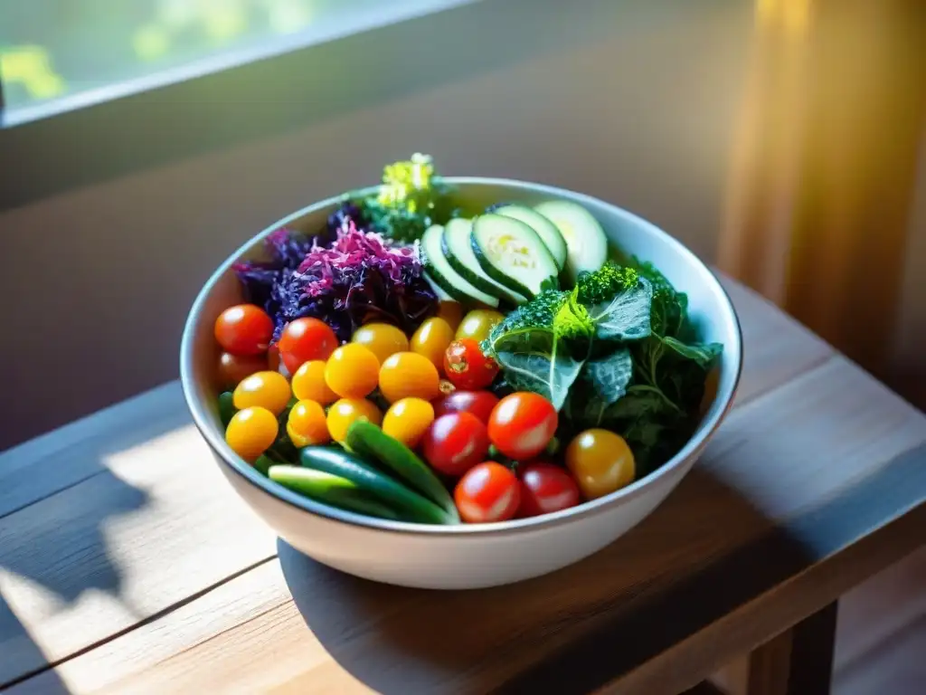 Una ensalada vibrante y colorida en un tazón, con ingredientes frescos y nutritivos, sobre una mesa de madera rústica con luz natural