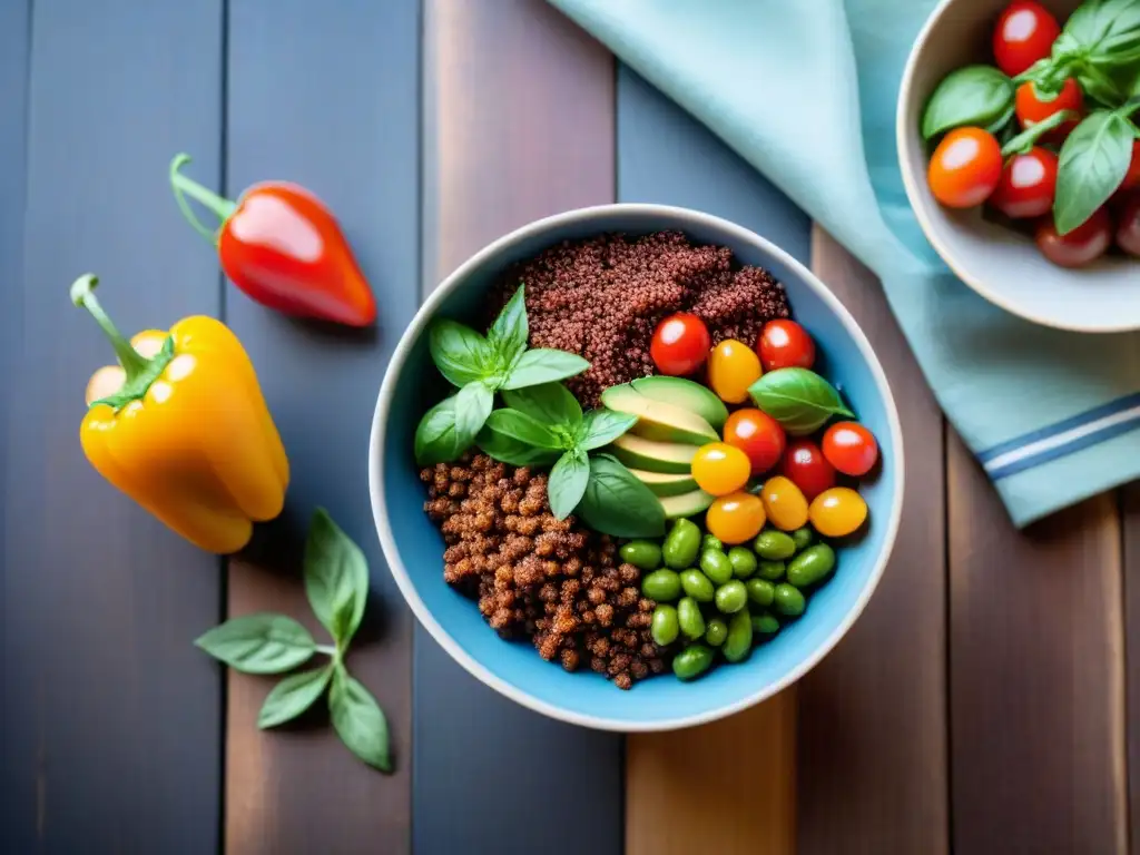 Ensalada vibrante de quinoa roja sin gluten, con ingredientes frescos y coloridos, en un bol moderno sobre mesa de madera