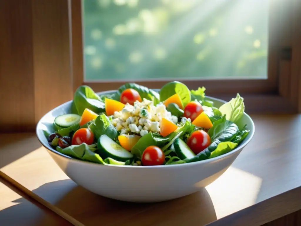 Una ensalada vibrante con vegetales frescos, queso feta y semillas de girasol, iluminada por la luz natural