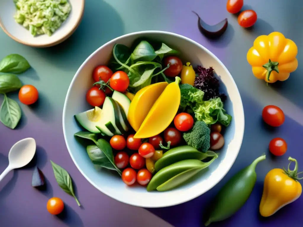 Una ensalada vibrante con vegetales frescos y coloridos, bañados en aceite de oliva dorado