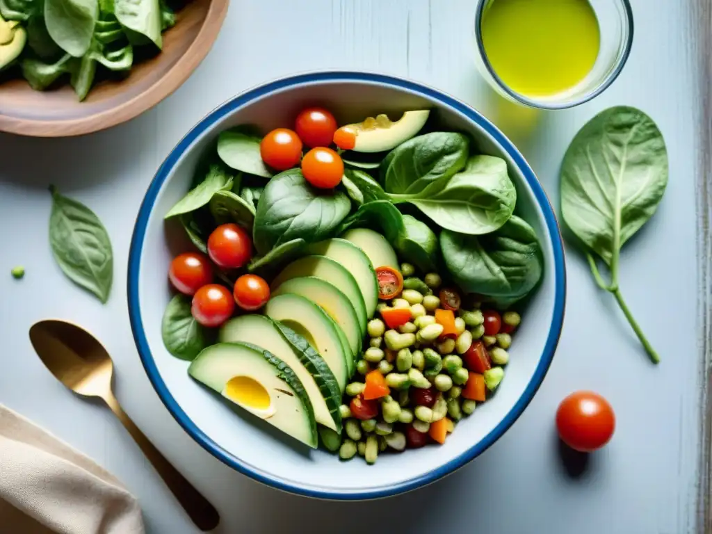 Ensaladas sin gluten fáciles: frescas y coloridas en bowls de vidrio, con ingredientes naturales, sobre fondo de madera y luz suave