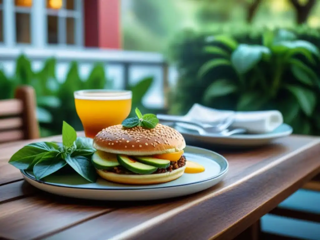 Un entorno tranquilo en un café al aire libre con deliciosos platos sin gluten, rodeado de naturaleza y luz suave