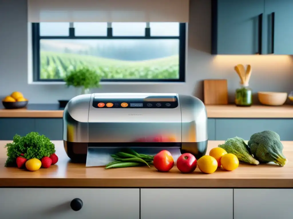 Envasadora al vacío en cocina sin gluten: detallada imagen de electrodoméstico moderno en ambiente luminoso con ingredientes frescos