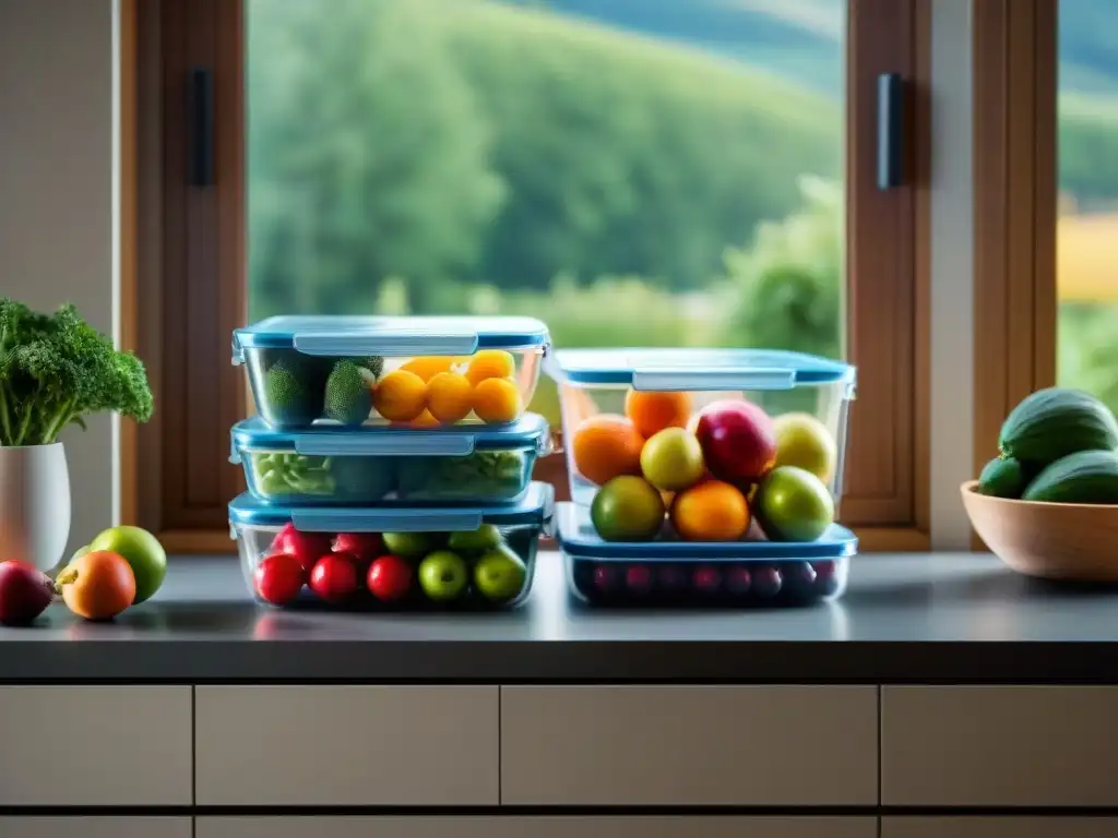 Envases seguros alimentos sin gluten en una cocina moderna con frutas y verduras frescas organizadas en recipientes transparentes