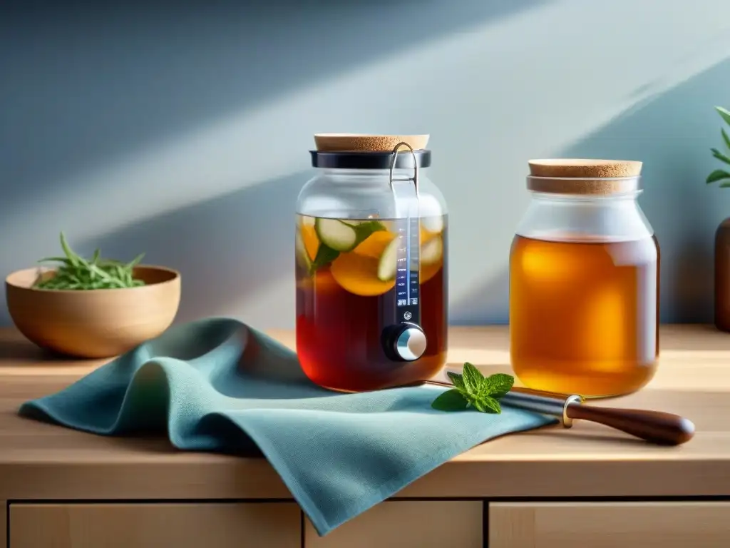 Equipamiento para hacer Kombucha en una cocina moderna, con detalles realistas y ambiente sereno